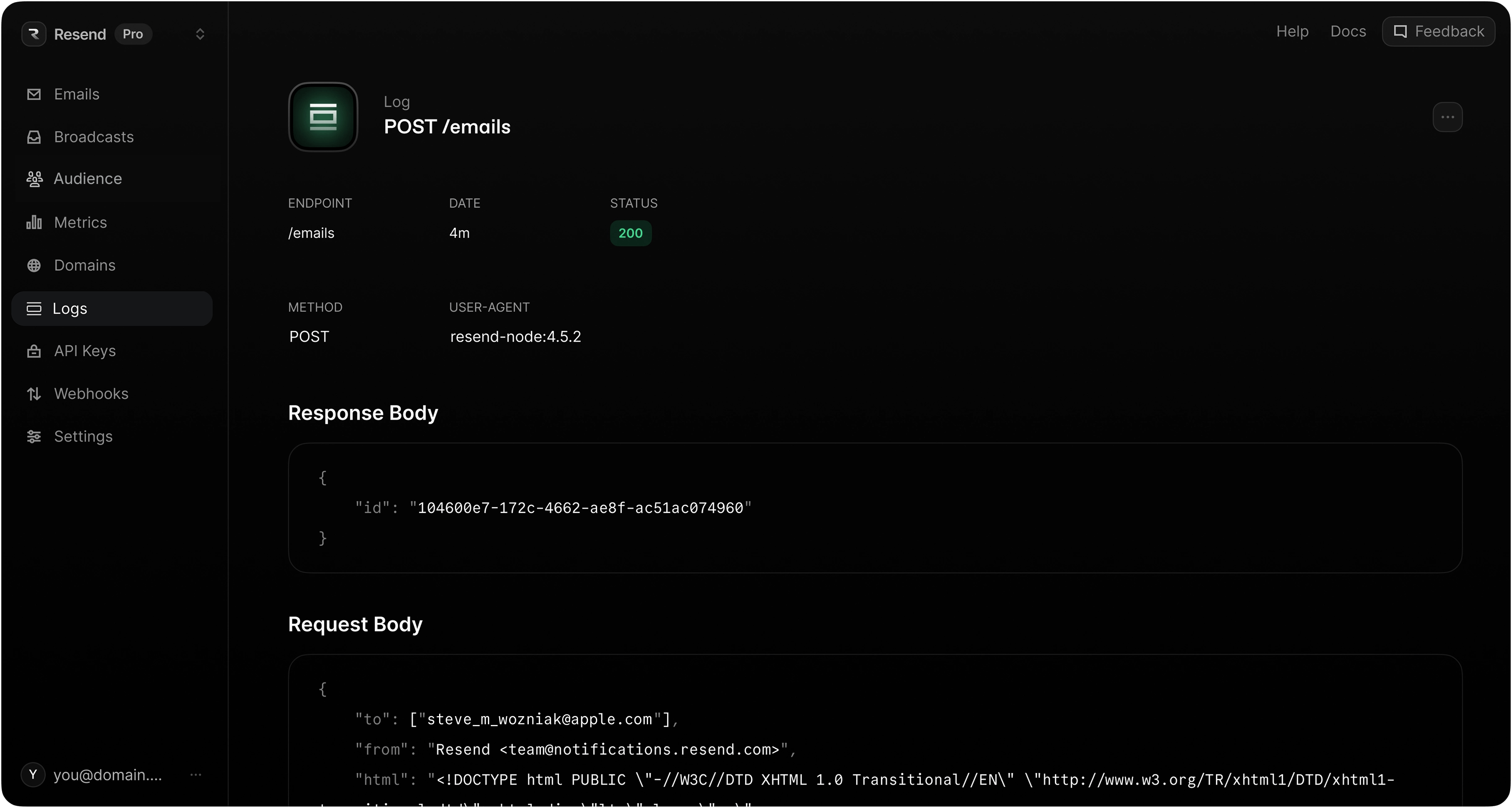 Resend Dashboard - Logs
